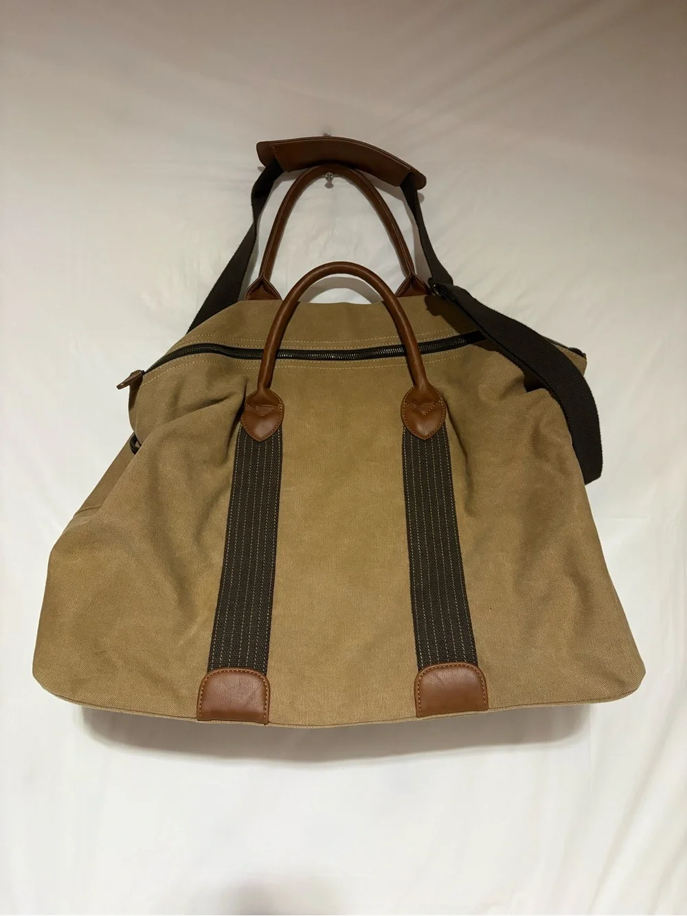 New shows Canvas Duffel Travel Bag in Tan with Brown Trim
